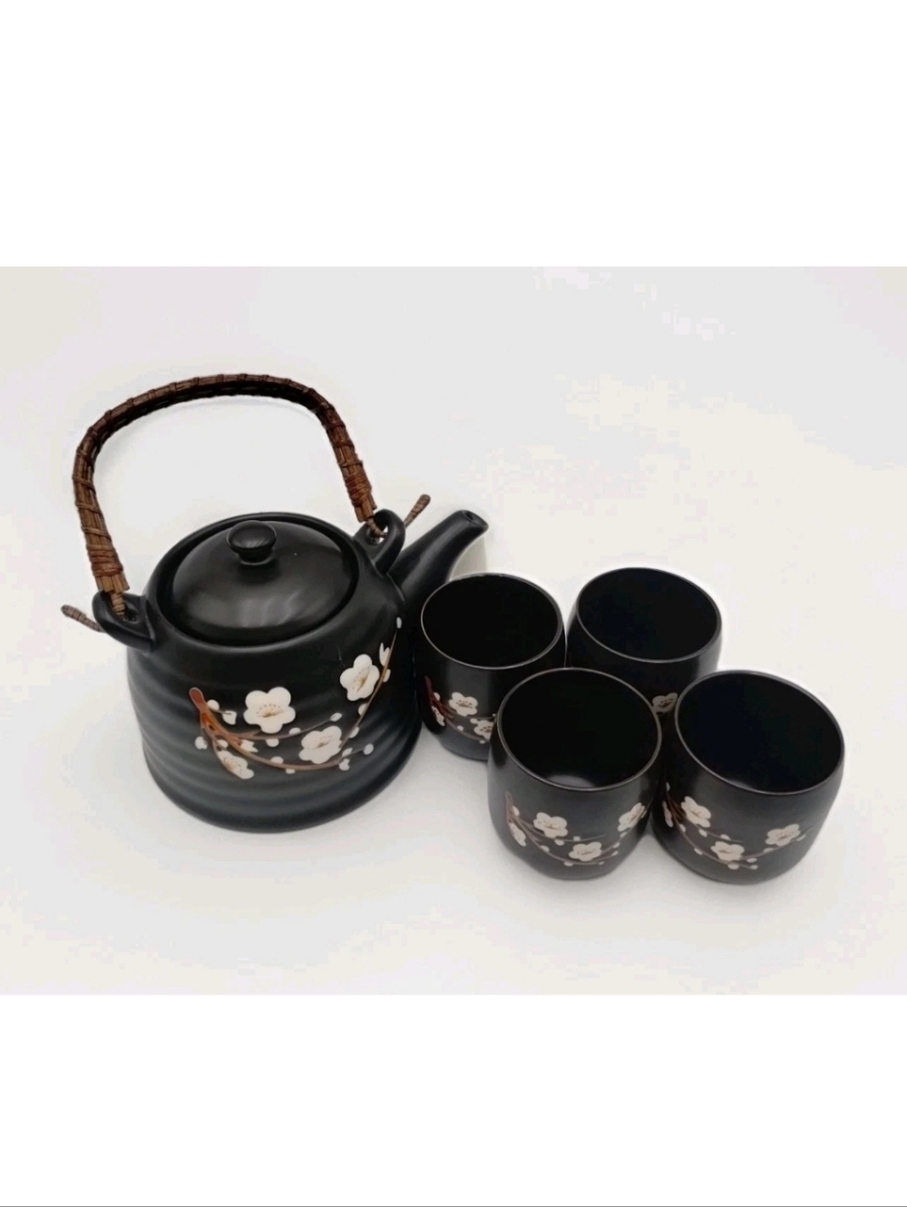 Japanese Inspired Tea Set Black W/ White Flowers Wicker Handle 4 Cups